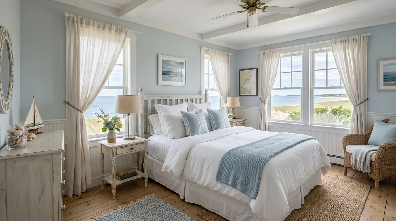A Cape Cod bedroom with crisp white bedding, light blue accents, weathered wood furniture, and soft linen curtains, calm ocean-inspired palette, gentle natural light, no people