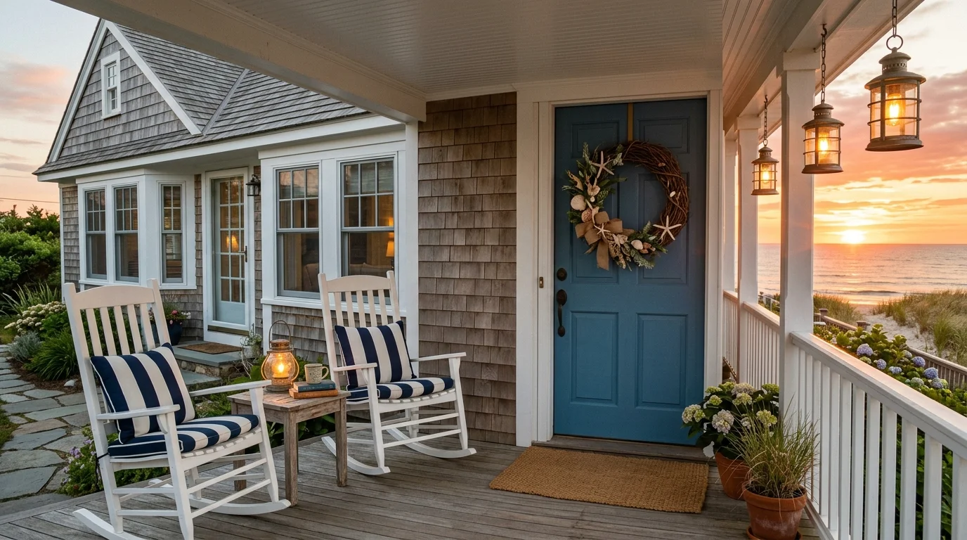 A classic Cape Cod front porch with rocking chairs, striped cushions, hanging lanterns, and coastal wreath on the door, breezy seaside ambiance, warm sunset lighting, no people