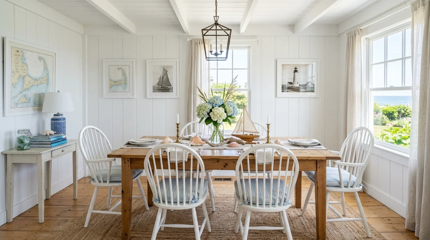 A Cape Cod dining room with white wood walls, simple wooden table, nautical centerpiece, and soft blue accents, bright airy atmosphere, balanced composition, no people