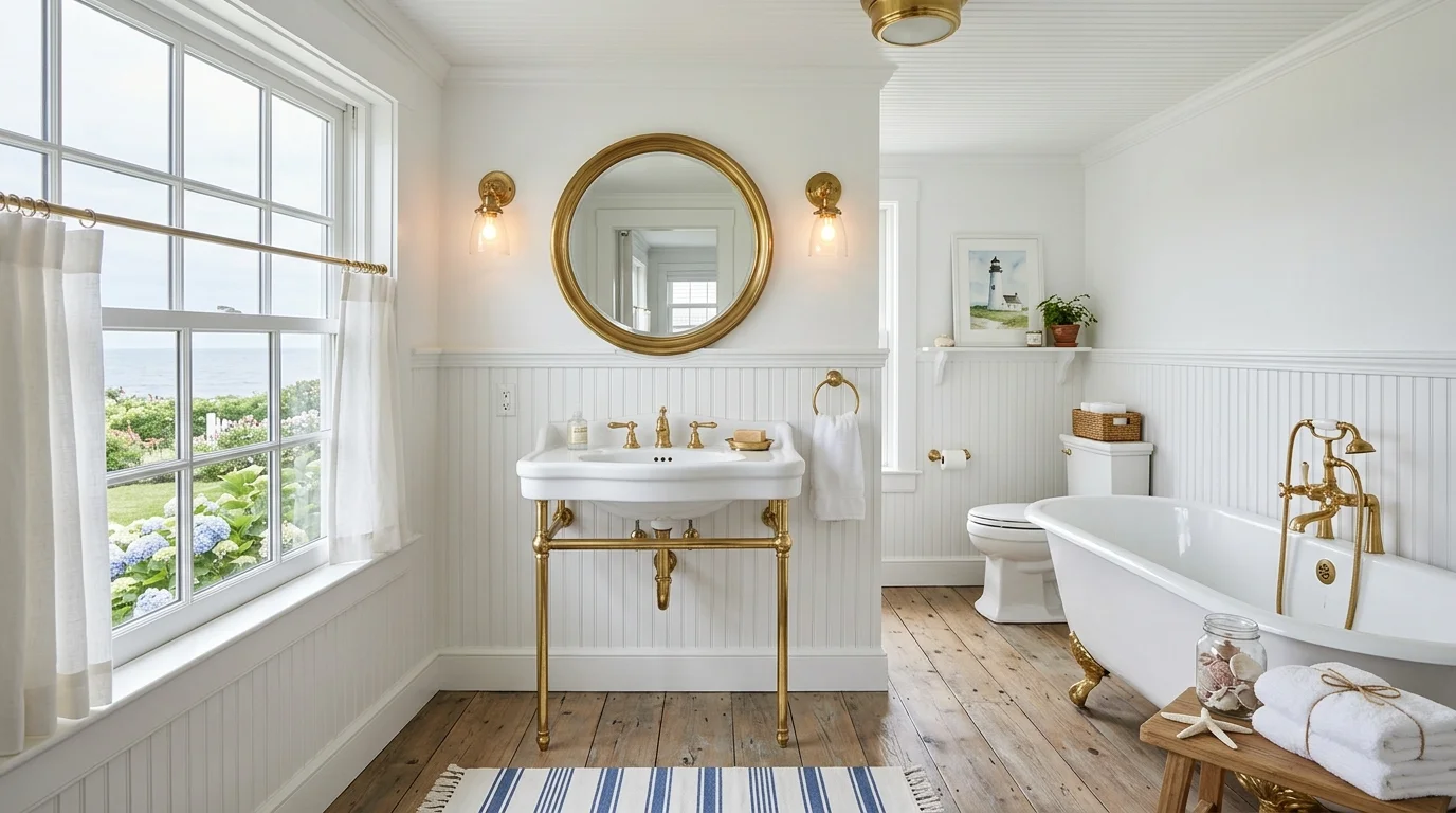 A Cape Cod bathroom with beadboard walls, white porcelain fixtures, brass details, and ocean-inspired decor, clean fresh aesthetic, soft daylight, no people