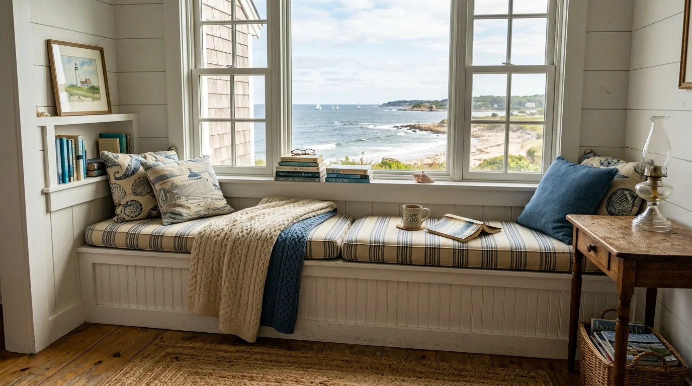 A cozy Cape Cod reading nook with built-in window seat, striped cushions, ocean-view windows, and soft natural lighting, peaceful coastal charm, no people