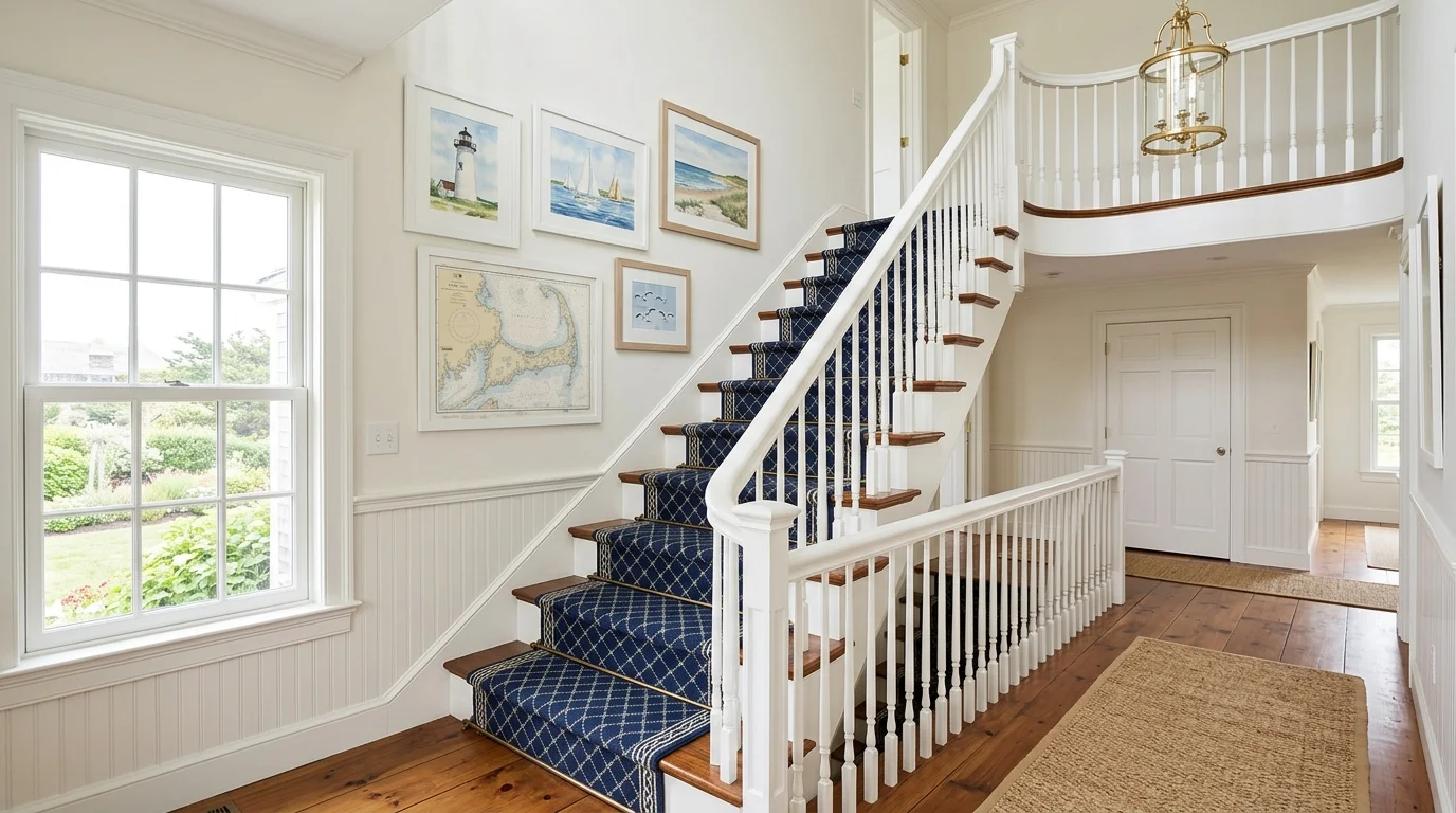 A Cape Cod staircase interior with white railings, navy runner carpet, framed coastal artwork, and bright open feel, elegant traditional design, no people