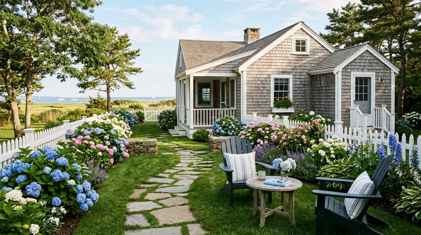 A Cape Cod exterior backyard with weathered cedar shingles, white picket fence, hydrangea gardens, and outdoor seating, serene coastal garden atmosphere, no people