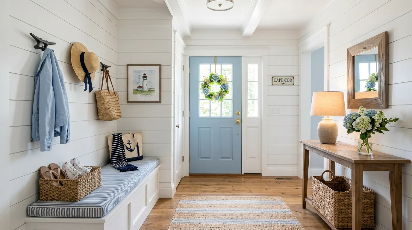 A Cape Cod entryway with shiplap walls, woven baskets, nautical hooks, and soft blue decor accents, welcoming bright lighting, clean organized style, no people