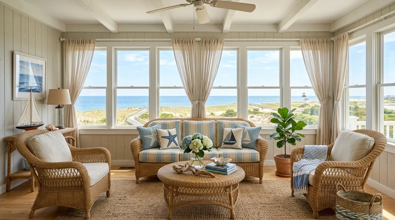 A Cape Cod sunroom with large windows, wicker furniture, light linen fabrics, and ocean-inspired decor, sunlit breezy atmosphere, relaxed coastal elegance, no people