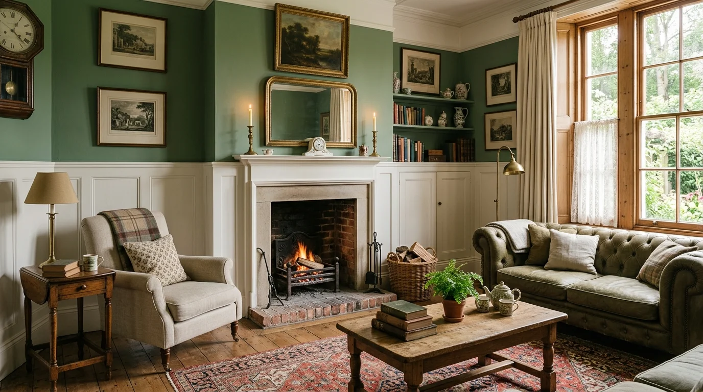 A cozy living room featuring traditional white wainscoting with sage green upper walls, fireplace centerpiece, vintage decor accents, soft natural light from tall windows, eye-level straight-on shot, no people