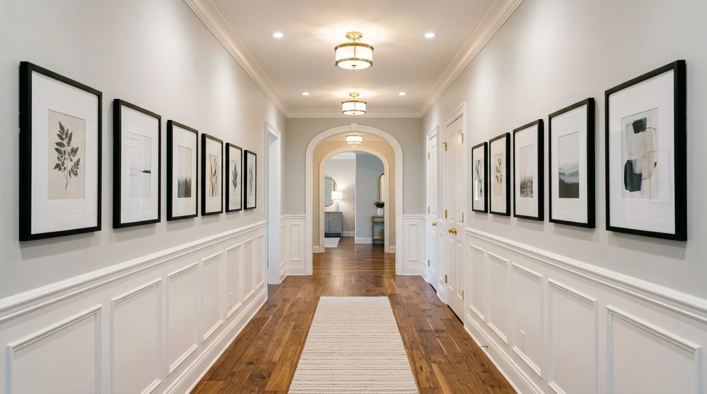 A hallway design with crisp white wainscoting and light gray upper walls, framed artwork evenly spaced, warm wooden flooring, soft ceiling lighting, clean elegant symmetry, no people