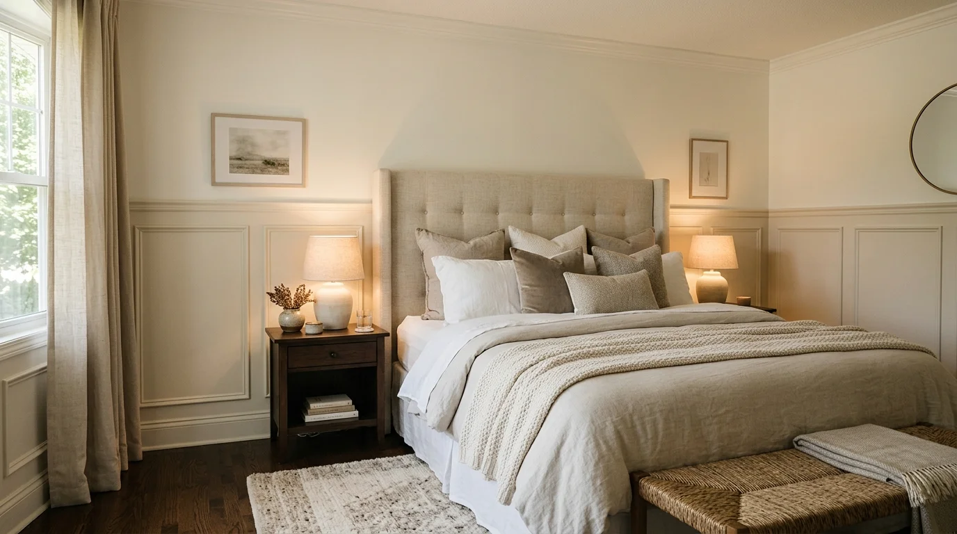 A bedroom with soft cream wainscoting panels, upholstered headboard, layered neutral bedding, warm bedside lamp glow, calm and timeless aesthetic, slightly angled shot, no people