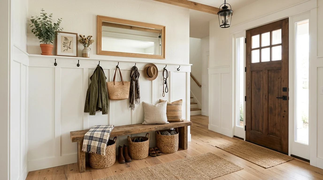 A modern farmhouse entryway with board and batten wainscoting, rustic bench seating, woven baskets, hooks for coats, natural wood accents, bright welcoming light, no people