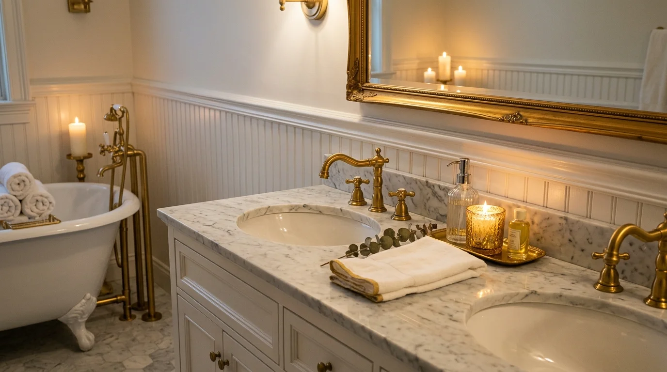 A luxury bathroom with white beadboard wainscoting, marble countertop vanity, gold fixtures, soft candlelit ambiance, elegant spa-like atmosphere, close-up angled shot, no people