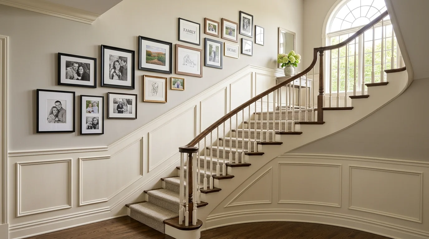 A staircase wall with decorative raised-panel wainscoting, soft off-white tones, framed family-style artwork, natural daylight from window above, elegant transitional design, no people