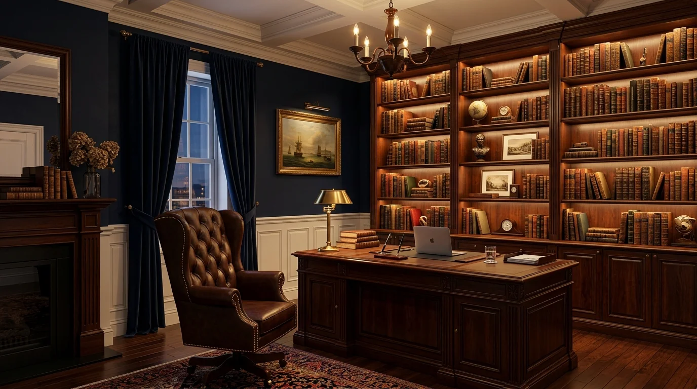 A formal office with dark navy walls above white wainscoting, rich wood desk, classic leather chair, bookshelf backdrop, warm focused lighting, sophisticated mood, no people