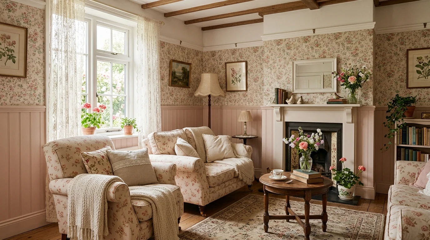 A cottage-style living room with pastel wainscoting in soft blush tones, floral wallpaper above, cozy furniture, lace curtains, warm natural light, romantic charm, no people