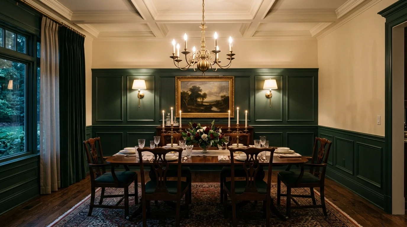 A dining room with dark green wainscoting, brass wall sconces, wooden furniture, moody elegant lighting, refined traditional style, centered composition, no people