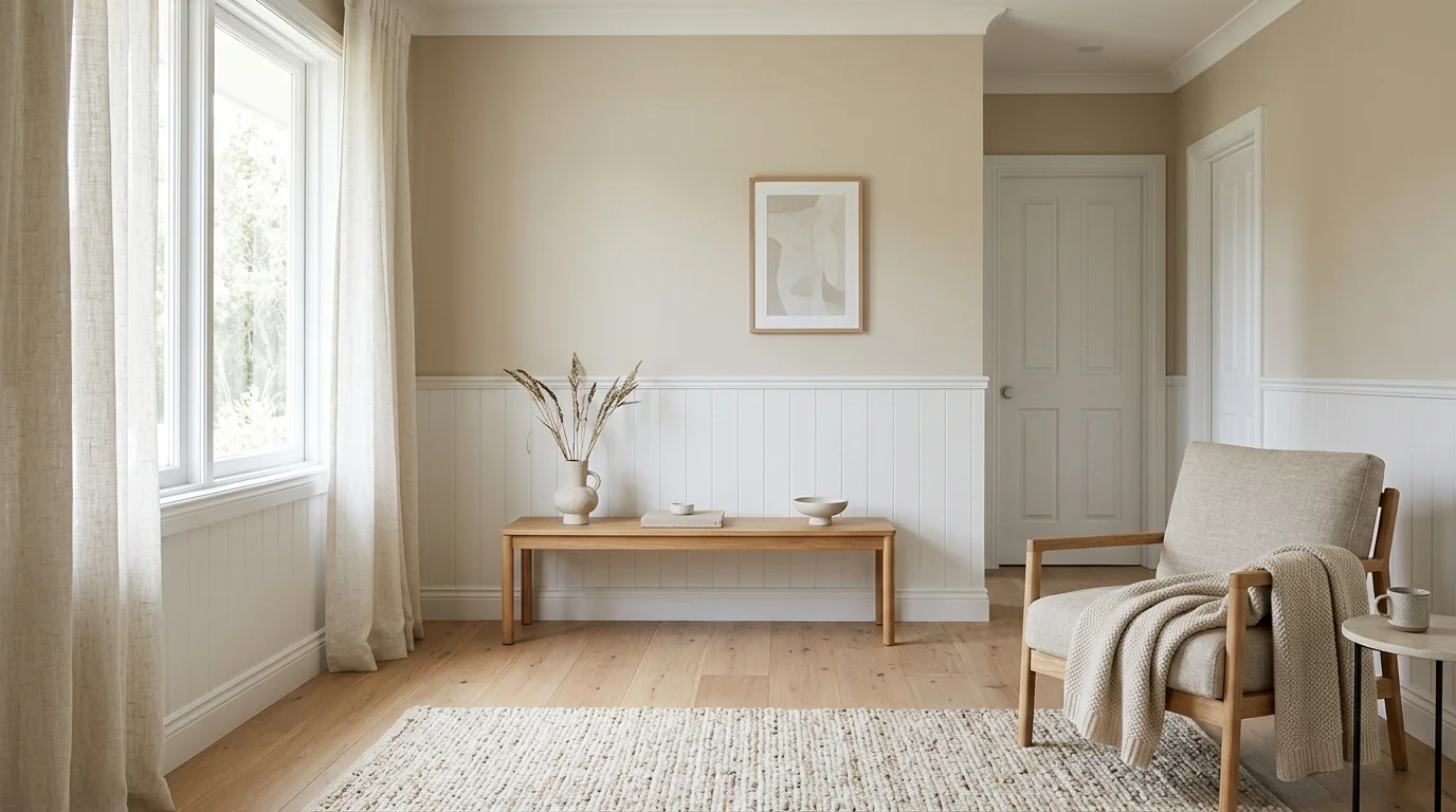 A minimalist interior with simple white wainscoting and beige walls, uncluttered decor, soft linen textures, bright diffused daylight, calm Scandinavian-inspired feel, no people