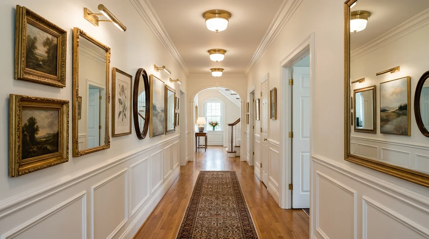 A hallway gallery with alternating framed mirrors and artwork above white wainscoting, warm wood floors, balanced lighting, timeless elegant home design, straight-on wide shot, no people