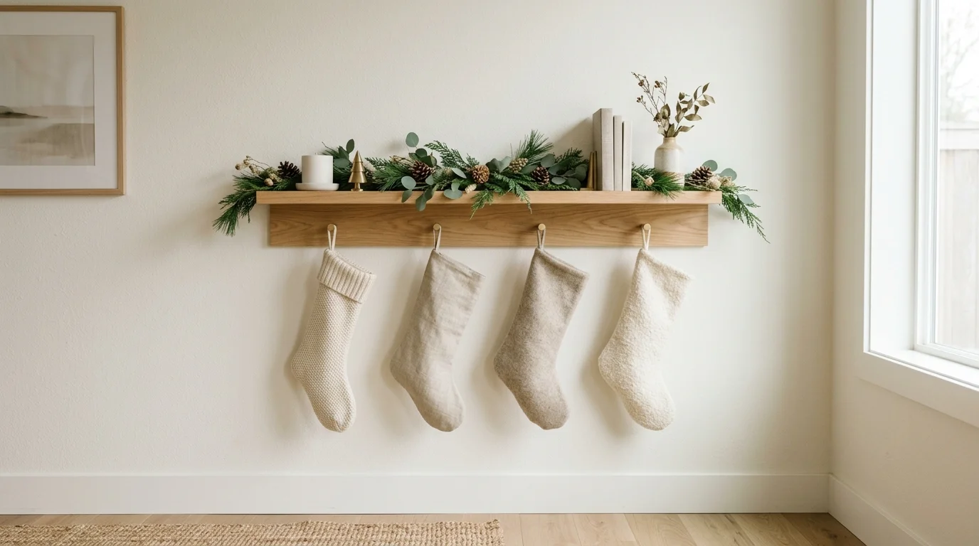 A minimalist stocking display on a floating wall shelf with neatly hung stockings, small pine garlands, and subtle neutral tones, modern aesthetic, soft natural daylight, straight-on shot, no people