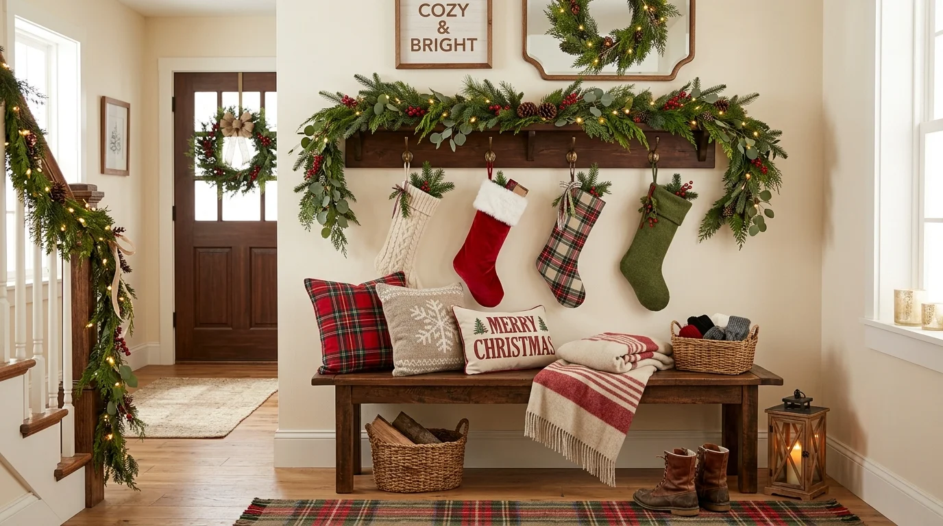 A festive entryway bench setup with stockings hung from wall hooks above a wooden bench, plaid cushions, and seasonal greenery, warm welcoming atmosphere, no people