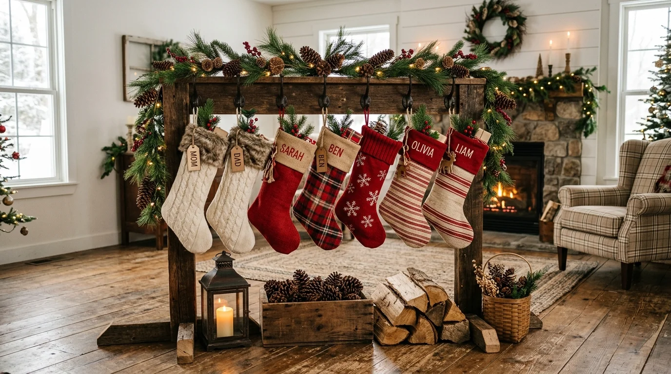 A rustic Christmas stocking display using a reclaimed wood coat rack stand, stockings in red and cream tones, pinecones and lantern accents, cozy farmhouse vibe, warm lighting, no people
