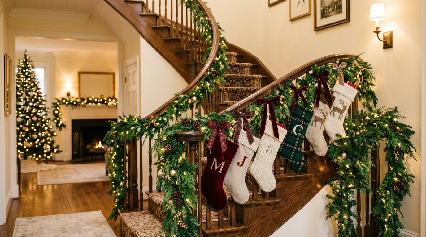 A staircase railing decorated with stockings tied using ribbons, evergreen garlands woven along the banister, soft twinkling lights, elegant holiday atmosphere, no people