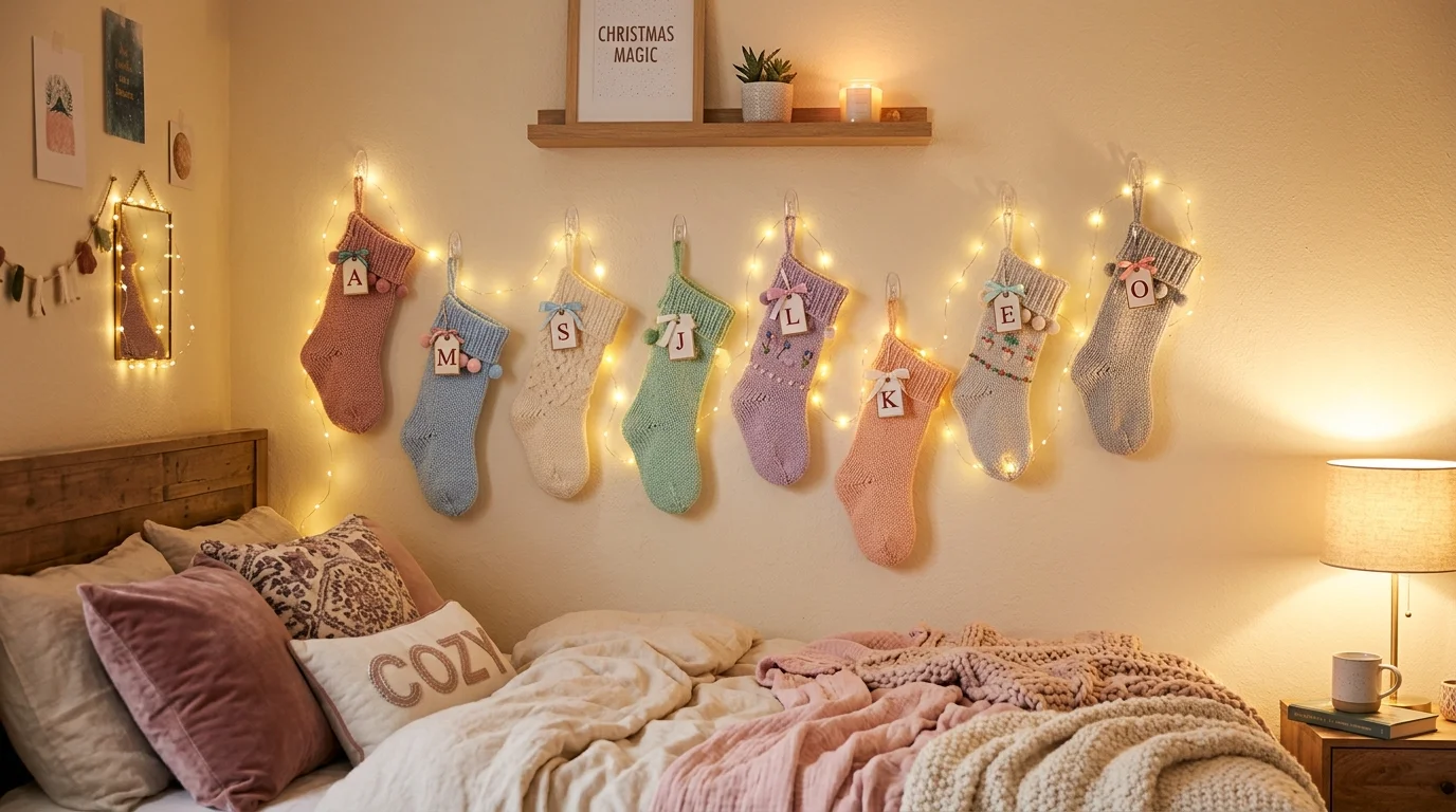 A bedroom wall stocking display with adhesive hooks arranged in a creative pattern, pastel stockings, fairy lights, and soft cozy decor, intimate warm lighting, no people