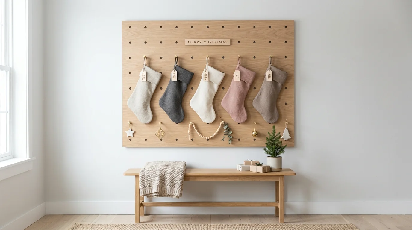 A modern pegboard Christmas stocking display with evenly arranged hooks, minimalist stockings, small ornaments, and clean neutral background, bright soft lighting, no people