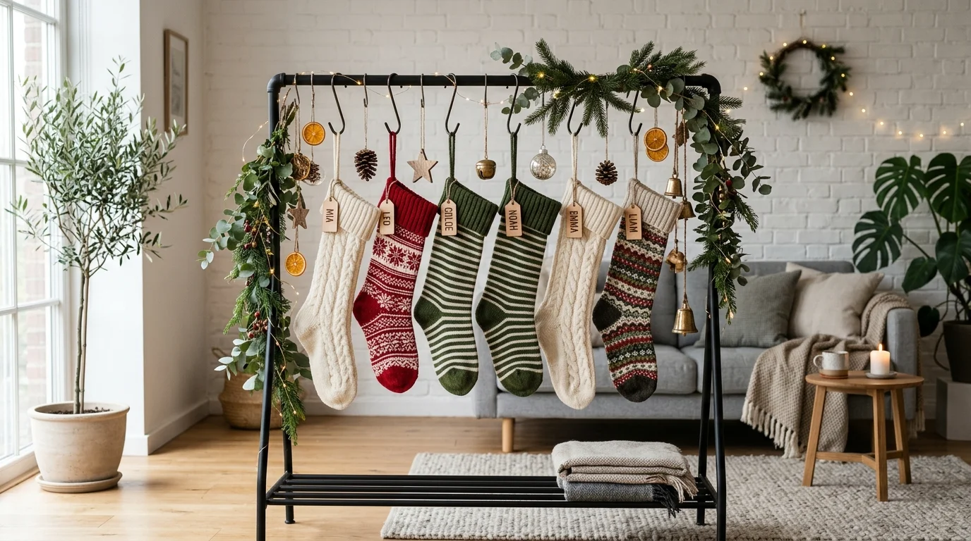 A DIY clothing rack stocking display with a black metal garment rack decorated with stockings, hanging ornaments, and string lights, stylish modern apartment vibe, no people