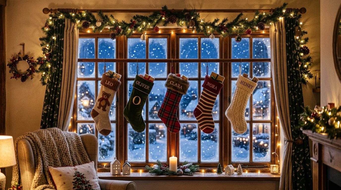 A window curtain rod stocking display with stockings hanging across a decorated window frame, snowy outdoor view, soft glowing indoor lights, cozy winter mood, no people