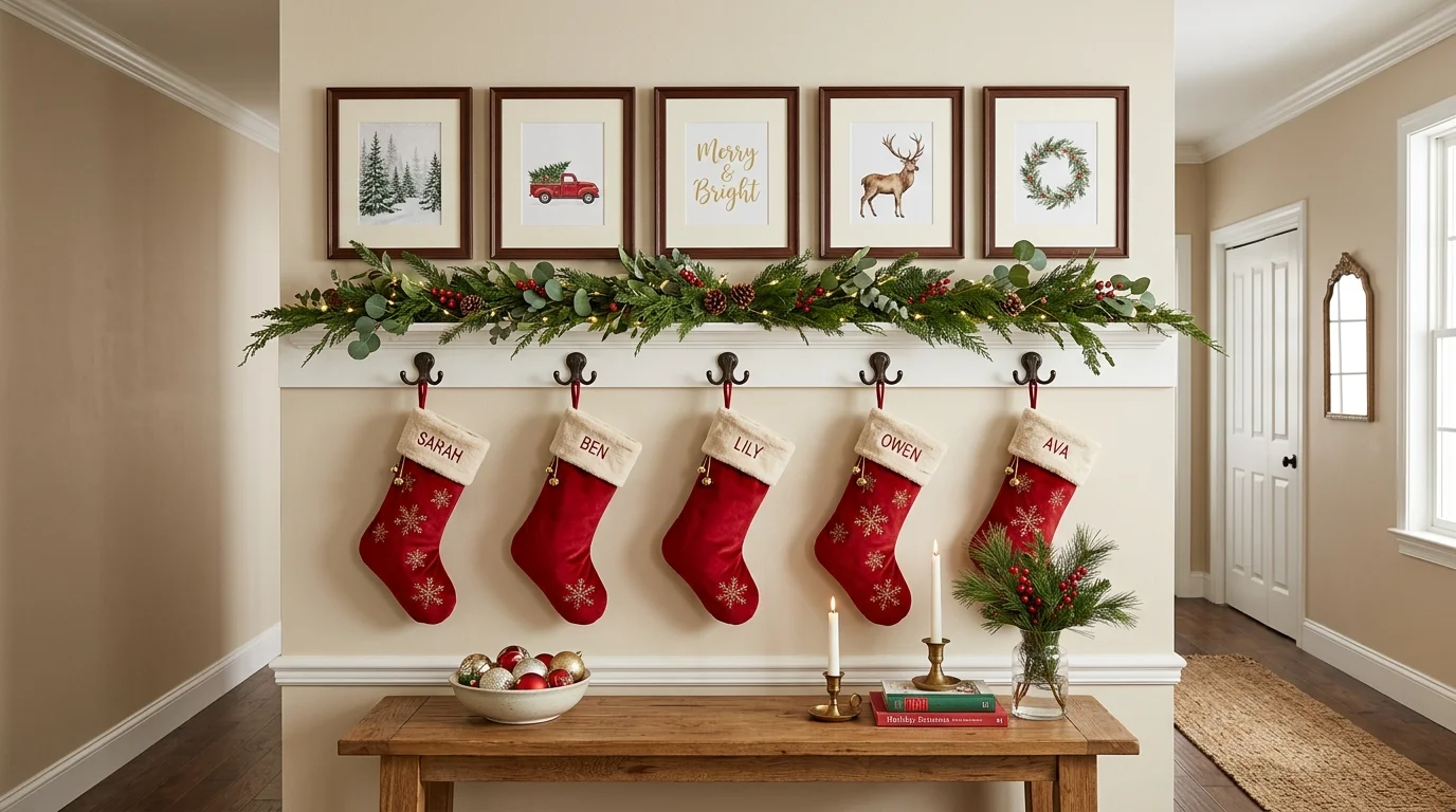 A hallway wall stocking gallery with symmetrical hooks, matching stockings, framed holiday prints, and subtle greenery accents, clean festive composition, no people