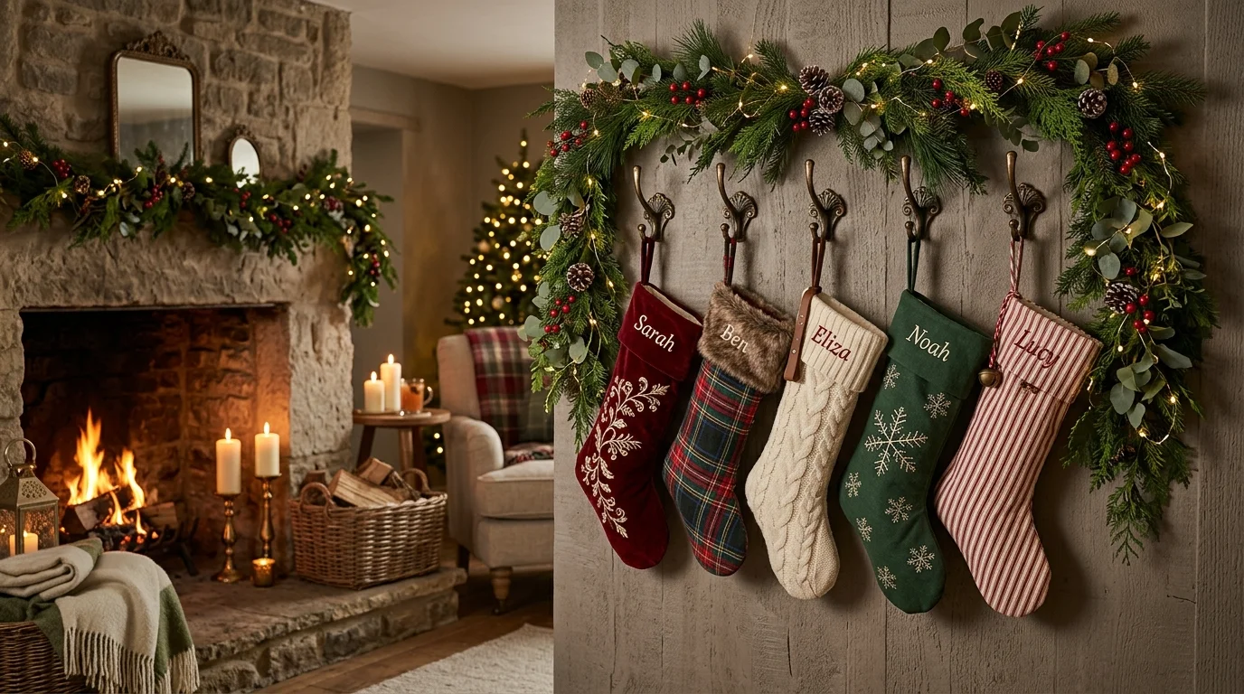 A fireplace-adjacent wall stocking display without a mantel, using decorative wall-mounted hooks and garland framing, warm candlelight glow, elegant cozy atmosphere, no people