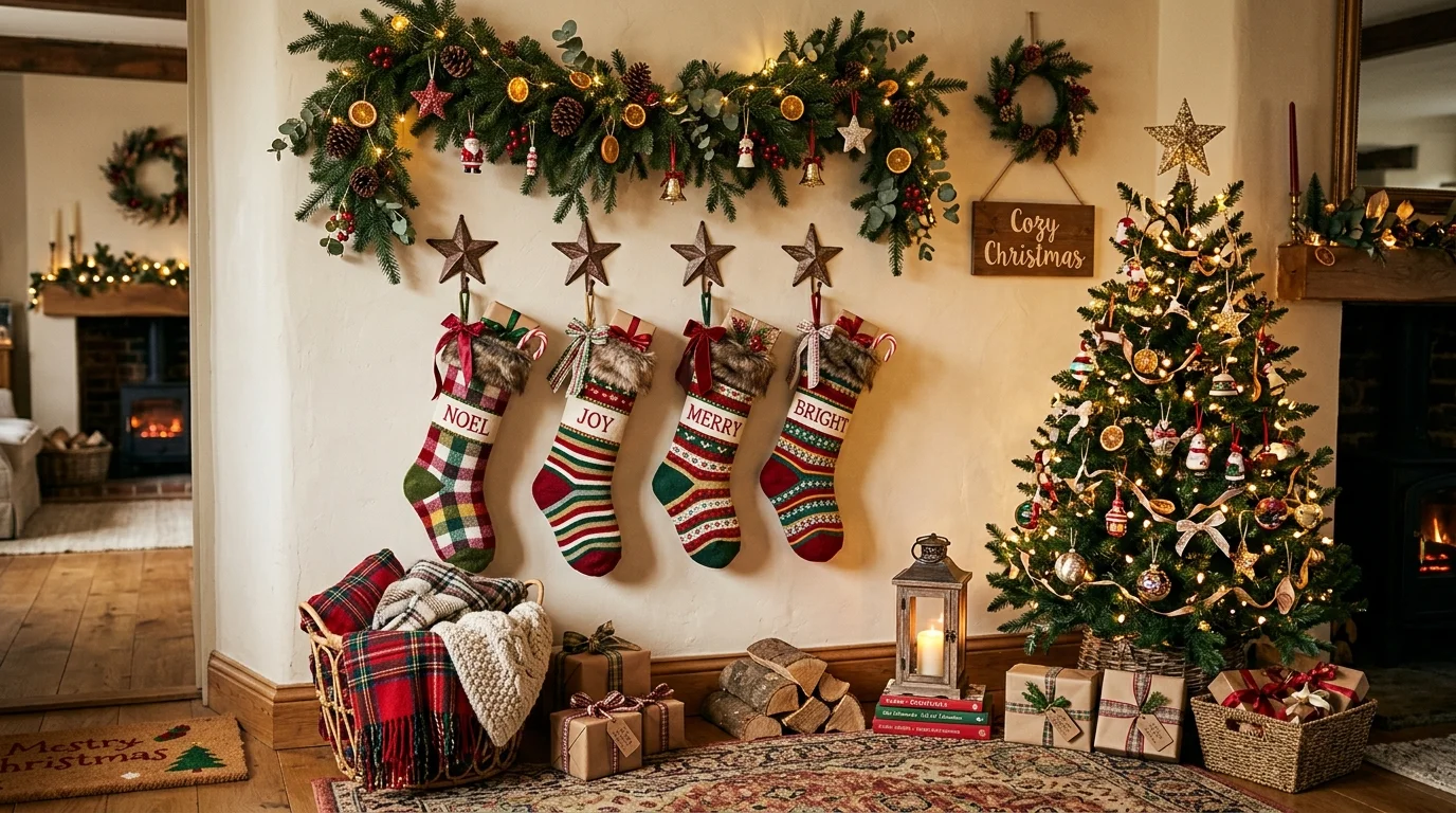 A whimsical Christmas corner with stockings hanging from decorative wall pegs shaped like stars, colorful festive decor, layered textures, and warm ambient lighting, no people