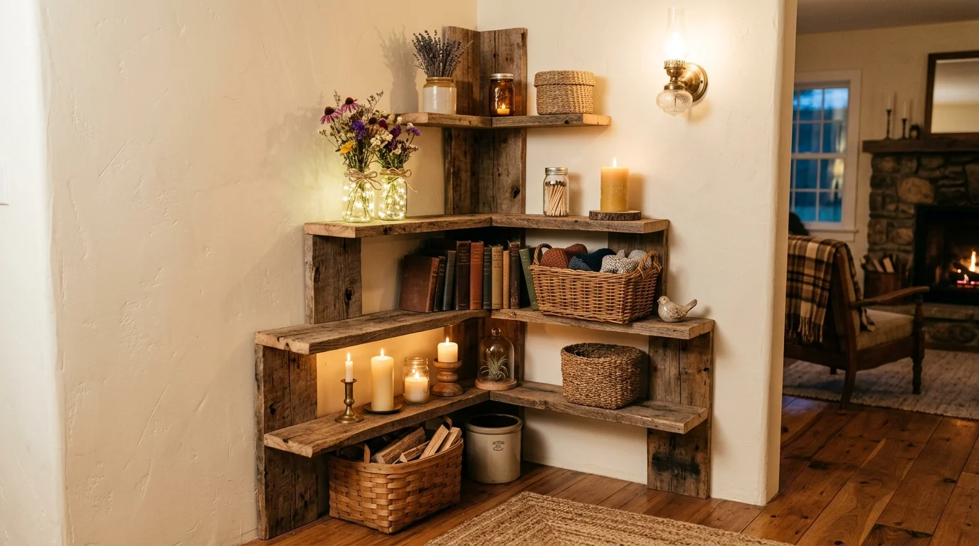 A rustic corner shelf using reclaimed wood planks arranged in staggered levels, warm earthy tones, decorated with mason jars, candles, and woven baskets, cozy farmhouse lighting, no people