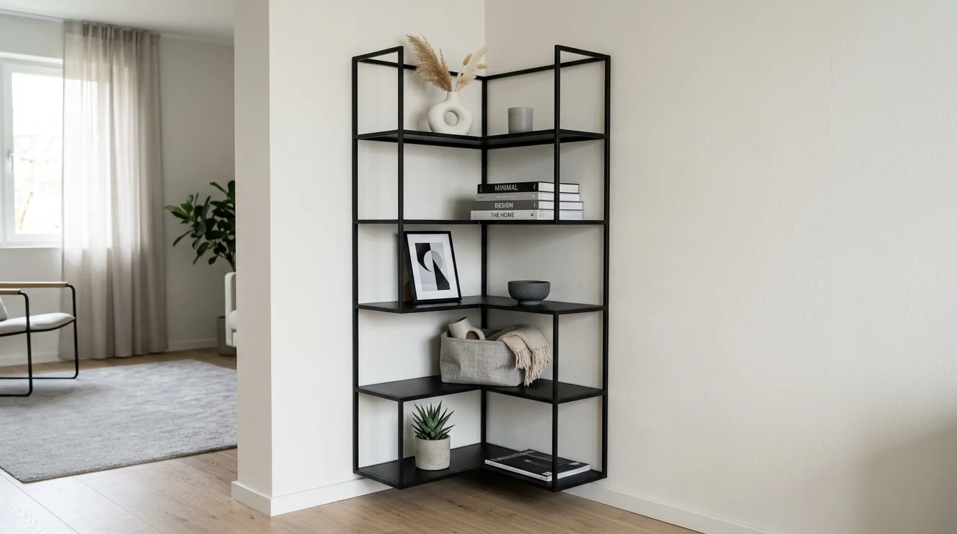 A minimalist black metal corner shelf unit with geometric lines, neutral decor items, monochrome styling, soft diffused lighting, sleek modern interior, no people