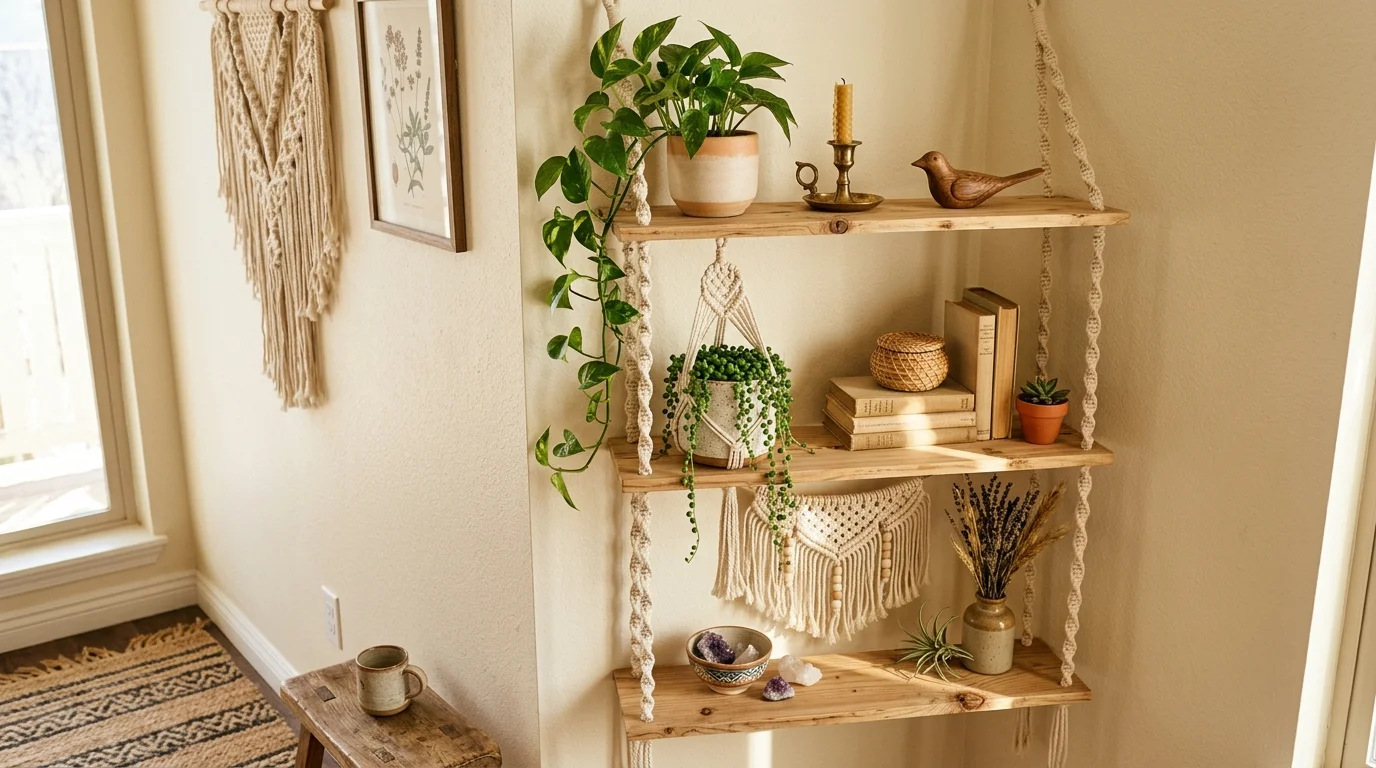A boho-style corner shelf with light wood boards, macramé hanging accents, trailing plants, and earthy ceramic decor, warm sunlight creating soft shadows, relaxed aesthetic, no people