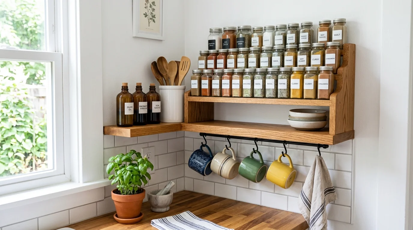 A compact kitchen corner shelf with tiered spice racks, small jars, and hanging hooks for mugs, functional organization, bright clean lighting, no people