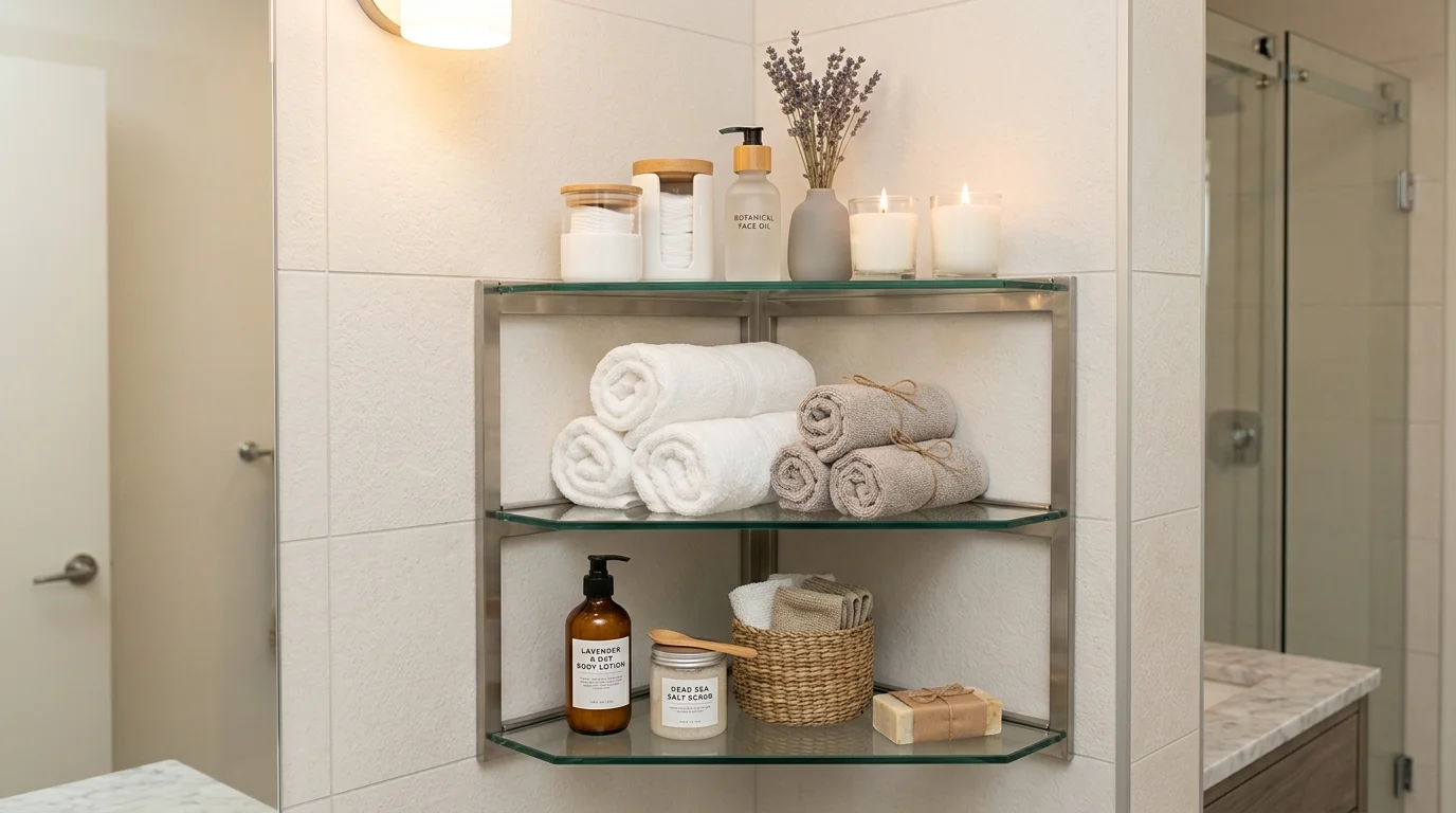 A bathroom corner shelf with glass and metal tiers holding rolled towels, candles, and skincare products, spa-like neutral tones, soft ambient lighting, no people