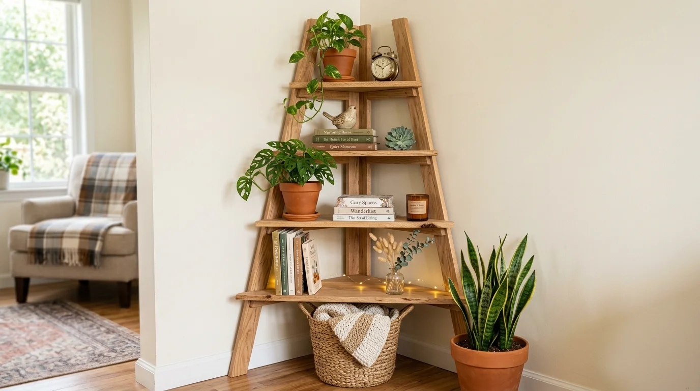 A DIY ladder-style corner shelf with angled wooden structure, decorative books, indoor plants, and cozy accessories, warm homey atmosphere, no people