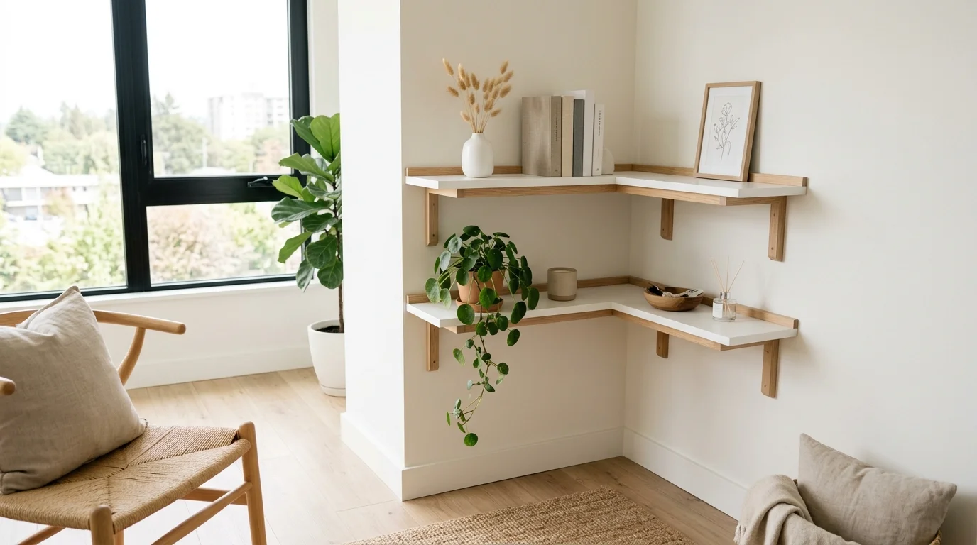 A Scandinavian-inspired corner shelf with white floating shelves, light oak accents, minimal decor, and airy natural light, calm and clean aesthetic, no people