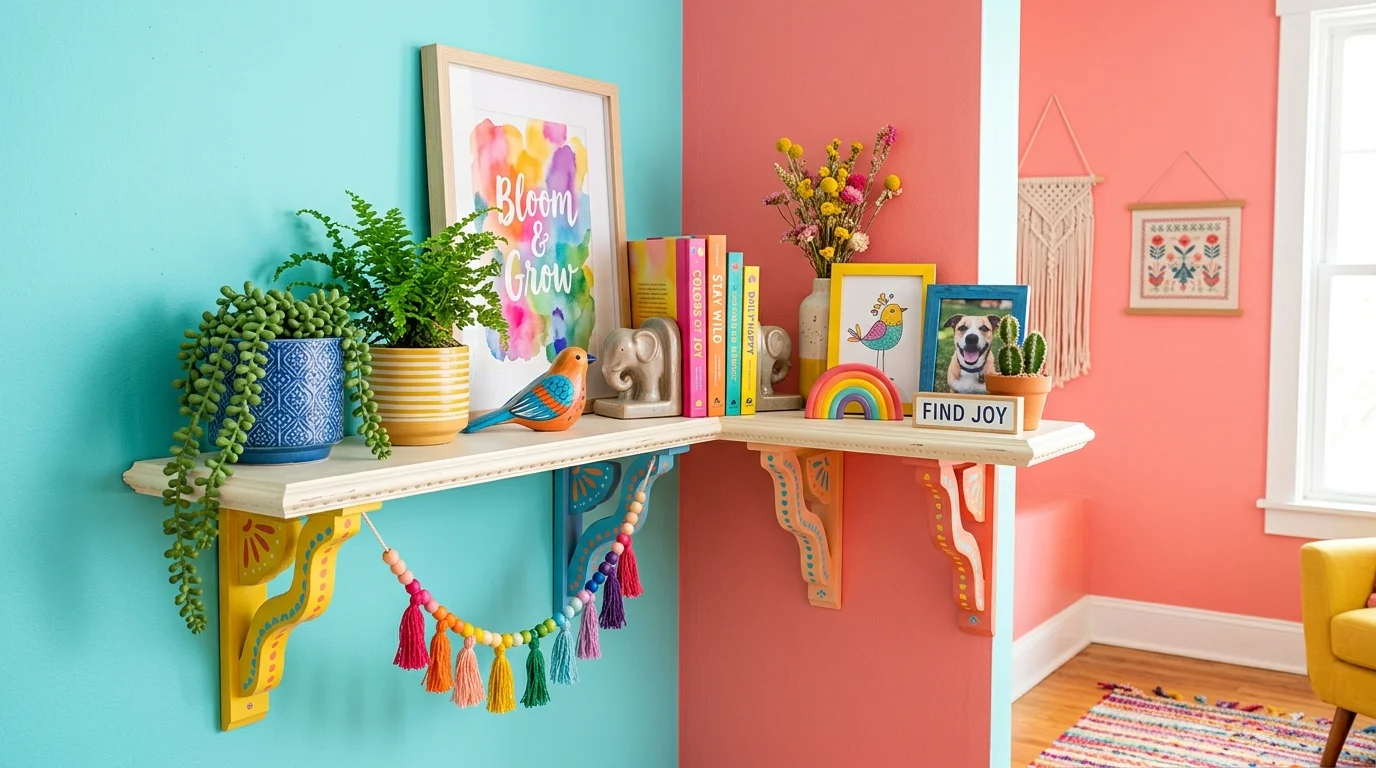 A colorful corner shelf with painted wooden brackets, vibrant decor pieces, framed art, and playful styling, cheerful bright atmosphere, no people