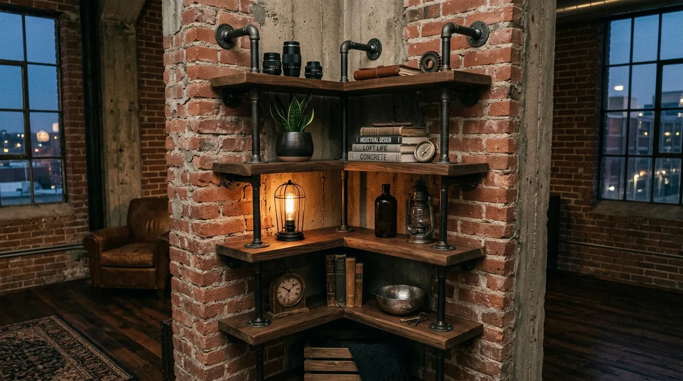 A modern industrial corner shelf with pipe fittings, dark wood shelves, exposed hardware, and moody lighting, edgy loft-style interior, no people
