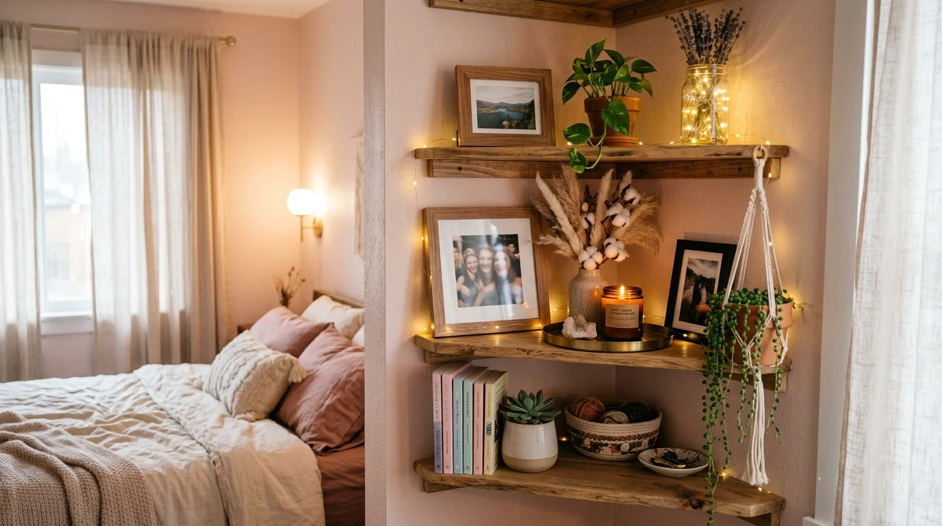 A bedroom corner shelf with soft pastel decor, framed photos, candles, and small plants, cozy warm lighting, intimate relaxing vibe, no people