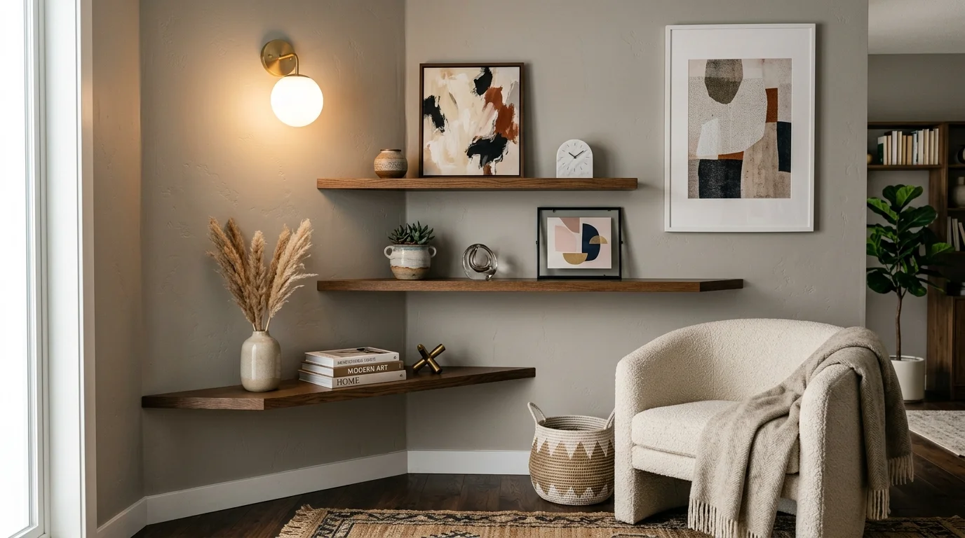 A stylish living room corner shelf with asymmetrical floating shelves, curated decor objects, abstract art, and soft ambient lighting, elegant contemporary design, no people