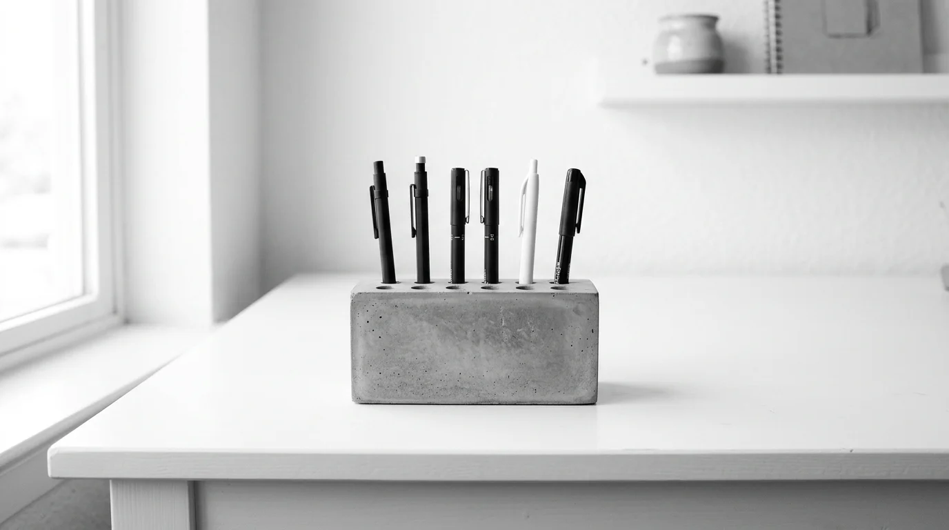 A minimalist pen holder crafted from a smooth concrete block with drilled holes for pens, set on a clean white desk, monochrome palette, modern aesthetic, bright diffused daylight, straight-on composition, no people