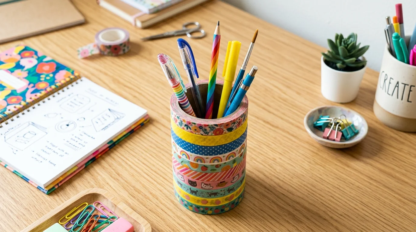 A colorful DIY pen holder made from stacked washi tape rolls around a cylinder base, vibrant patterns, playful design, bright lighting, top-down angled shot on a tidy desk, no people