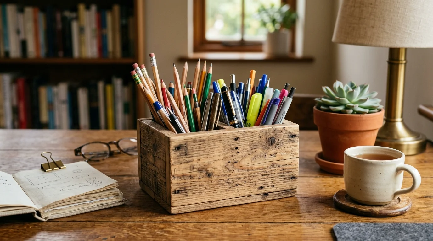 A rustic pen holder created from a small wooden crate filled with pens and pencils, natural wood texture, soft neutral tones, warm ambient lighting, cozy desk setup, eye-level angle, no people