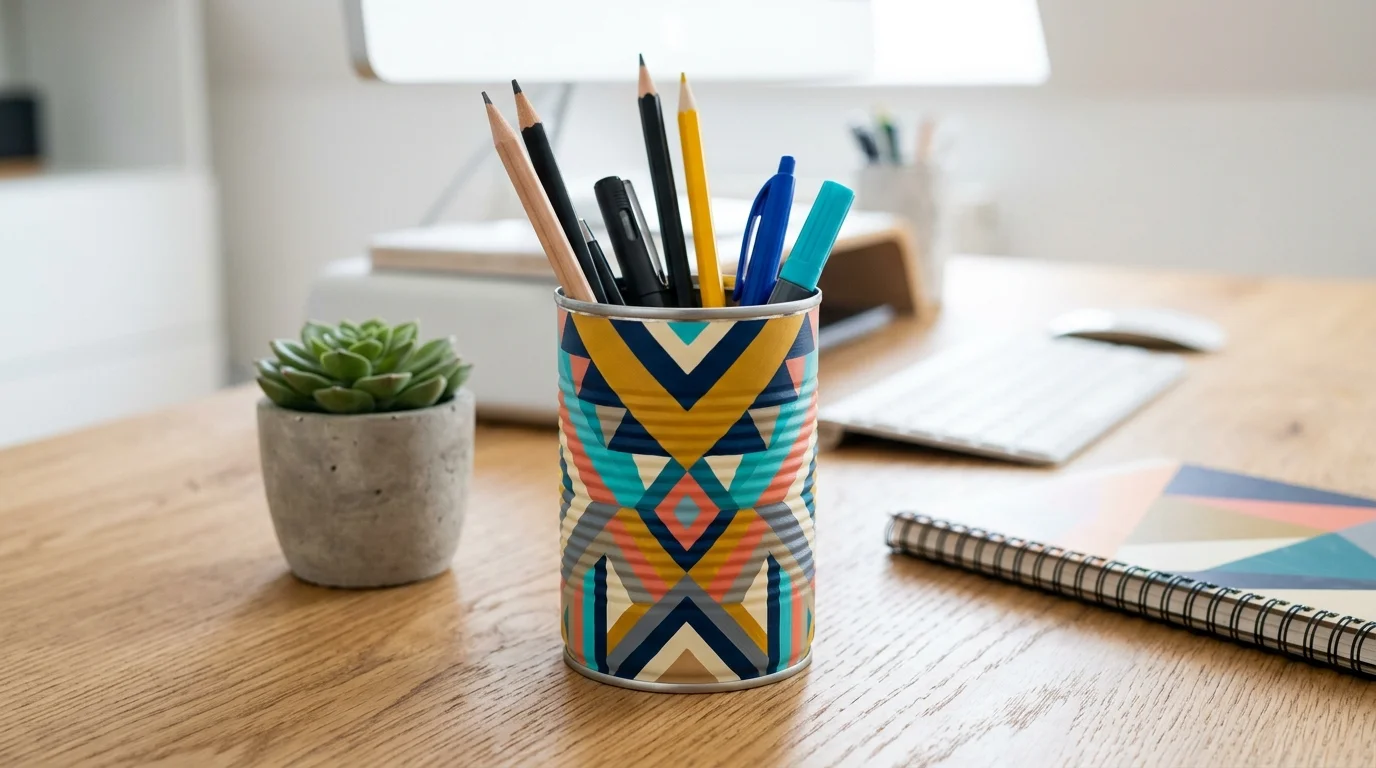 A DIY pen holder made from a painted tin can with geometric patterns, bold colors, smooth finish, modern desk styling, bright overhead lighting, slightly angled shot, no people