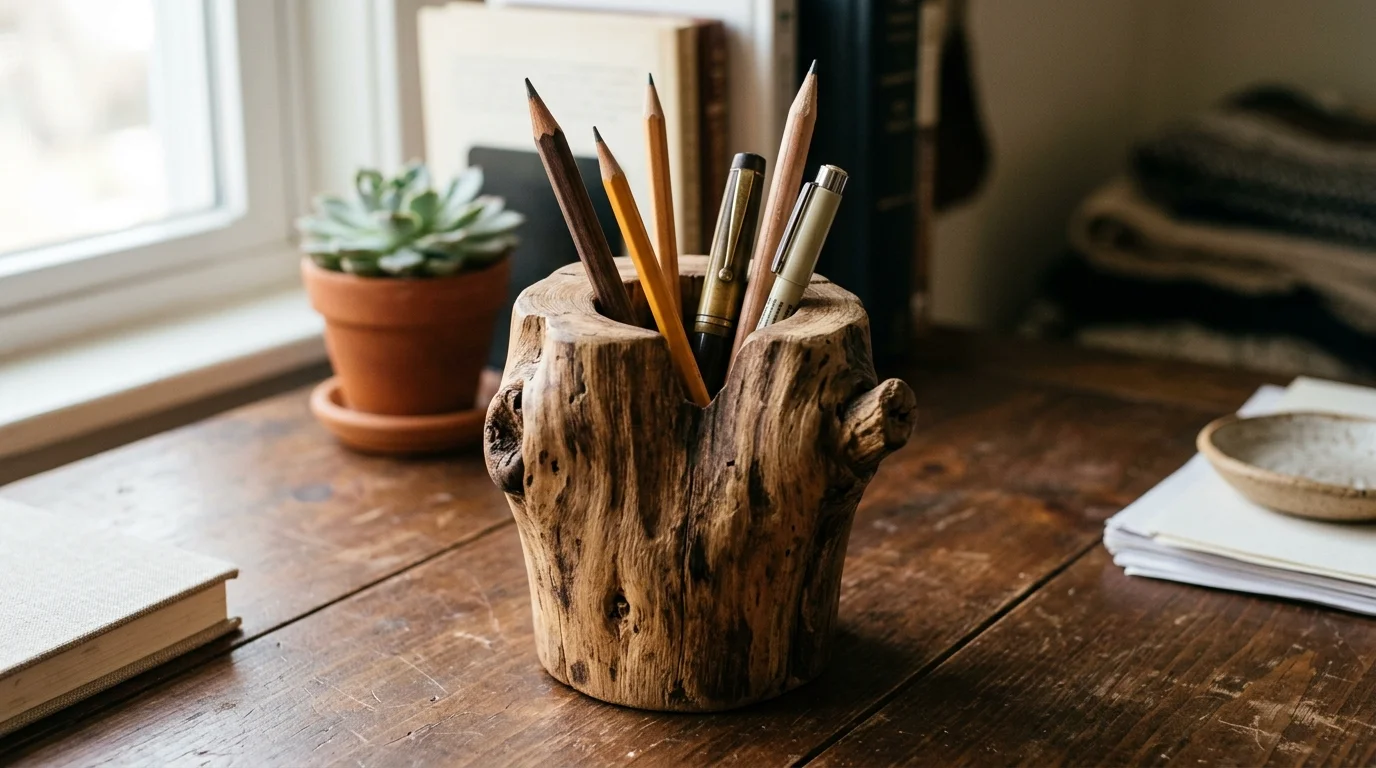 A nature-inspired pen holder crafted from a hollowed piece of wood with visible grain and organic shape, placed on a wooden desk, earthy tones, soft natural light, close-up composition, no people