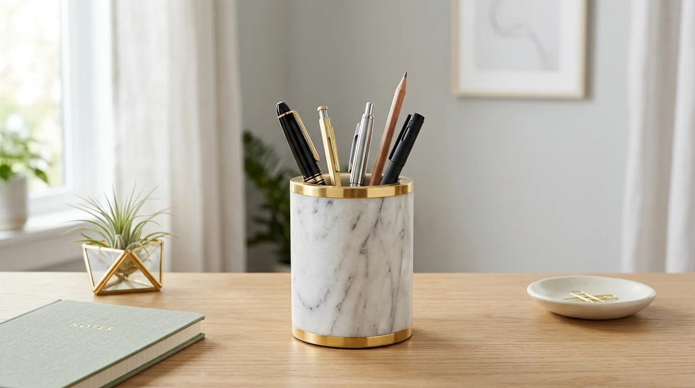 A chic pen holder made from a marble-textured container with gold accents, elegant styling, placed on a modern desk with minimal decor, soft lighting, front-facing shot, no people