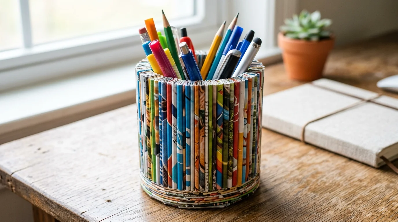 A DIY pen holder made from rolled magazine pages arranged into a cylindrical shape, colorful layered texture, creative eco-friendly design, bright natural lighting, angled close-up shot, no people