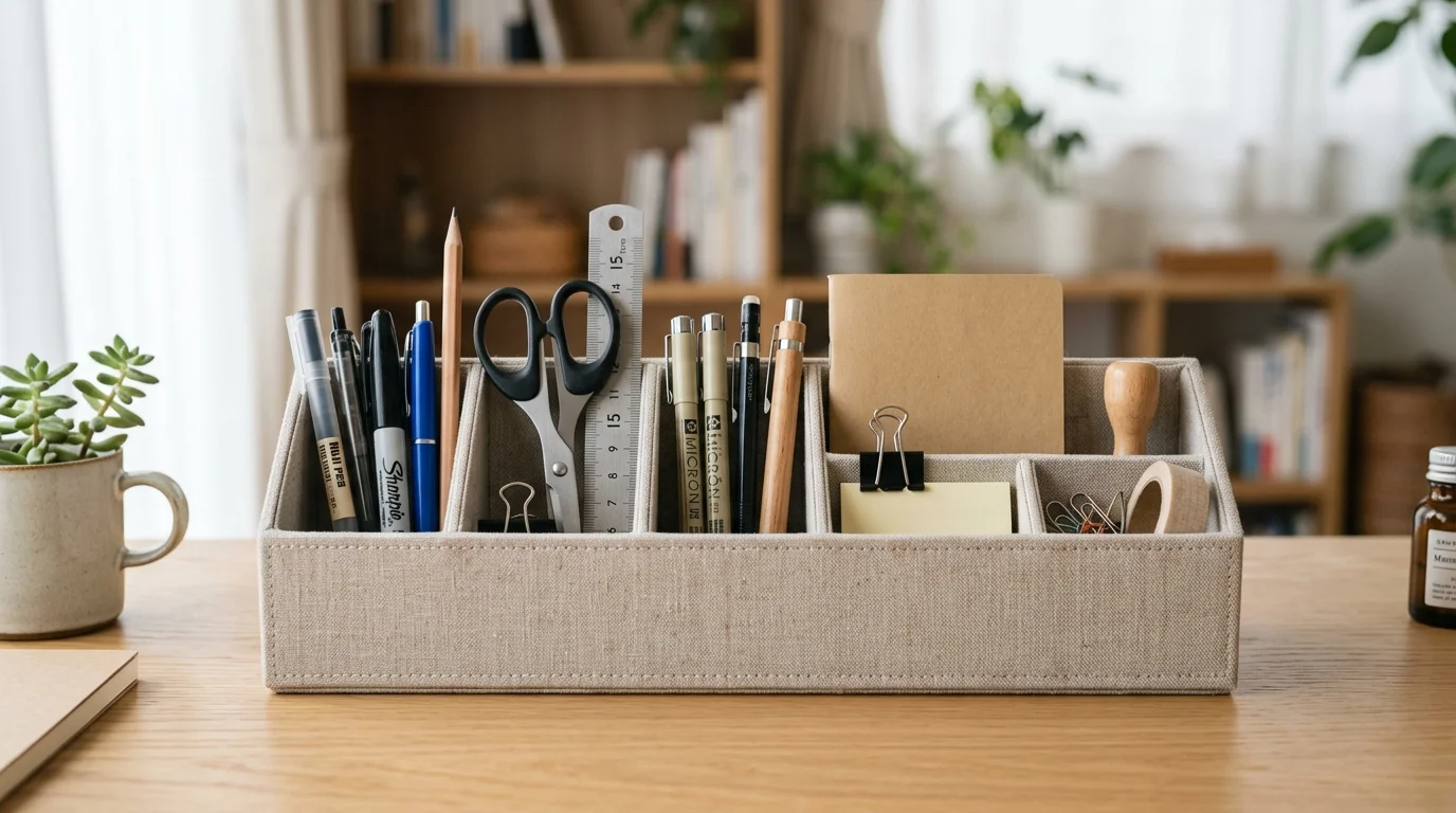 A compact desk organizer with multiple compartments made from cardboard and covered in neutral fabric, neatly holding pens and tools, clean aesthetic, soft diffused light, straight-on shot, no people
